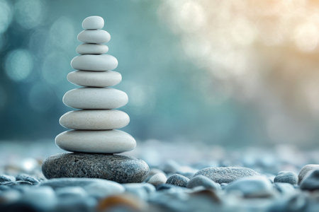 A serene stack of smooth stones balanced carefully on a bed of pebbles, illuminated by soft sunlight.の写真素材