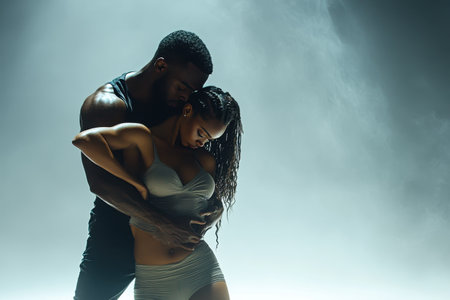 A couple dances intimately in fog and dramatic lighting, creating a touching atmosphere.の写真素材