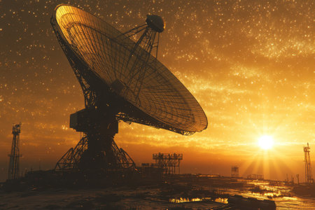 A satellite dish stands tall against a vibrant sunset, capturing signals in an expansive field.の写真素材