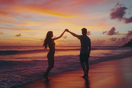 Friends share a joyful moment while walking hand in hand on a tranquil beach at sunset.の写真素材