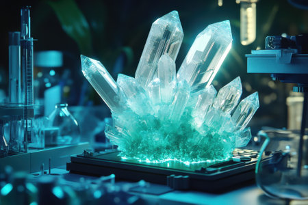 Beautiful crystals of varying sizes emerge from a glowing base in a high-tech laboratory environment.の写真素材
