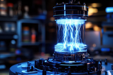 A high-tech energy reactor displays arcs of blue electricity in a laboratory setting, showing advanced technology.の写真素材