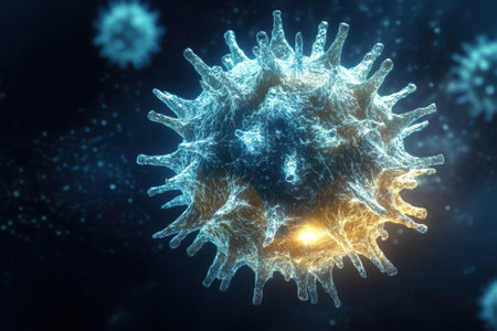 A detailed representation of a virus displaying complex spikes and textures against a dark background.の写真素材
