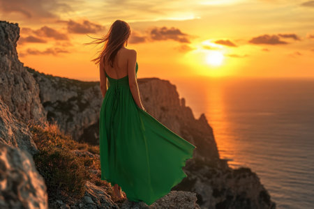 A woman stands on a cliff, watching the vibrant sunset over the ocean, dressed in a flowing green dress.の写真素材