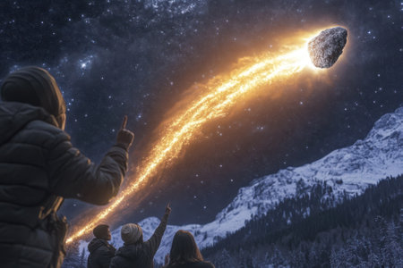 Groups of stargazers point upward in excitement as a bright comet streaks across a starry night sky.の写真素材