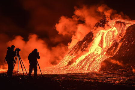 Two photographers stand on rocky terrain, capturing a vibrant volcanic eruption illuminated by flowing lava.の写真素材