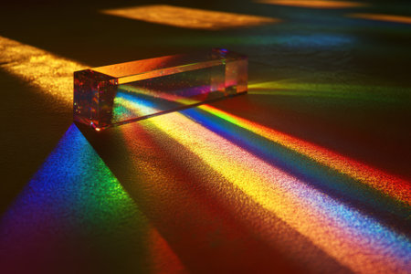 A clear prism rests on a surface, casting vibrant rainbow rays in various directions from sunlight.の写真素材