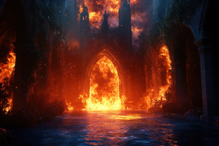 Flames consume an old structure surrounded by water, creating a dramatic and intense atmosphere at night.の写真素材