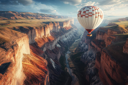 A colorful hot air balloon glides over a breathtaking canyon as the sun sets and paints the sky.の写真素材