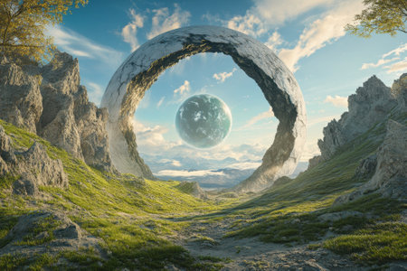 A magical landscape features a large stone portal framing a vibrant planet against a bright sky.の写真素材