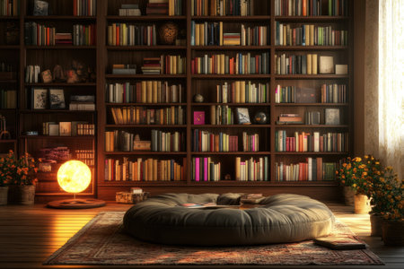 A comfortable nook features a plush cushion and a towering bookshelf filled with books, warmly lit by a nearby lamp.の写真素材