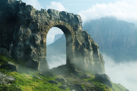 A weathered stone archway rises from green hills, surrounded by mist and towering mountains in the distance.の写真素材