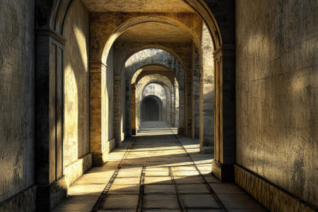 A stone corridor features graceful arches with soft sunlight streaming through, creating a serene atmosphere.の写真素材