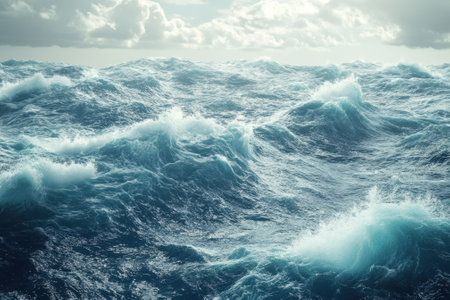 The ocean displays powerful waves crashing against each other with dark clouds looming above.の写真素材