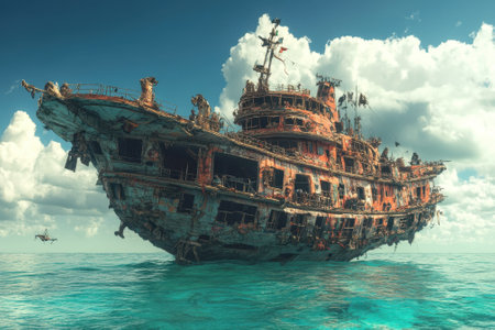 An old, rusted shipwreck looms above the vibrant sea, surrounded by clouds on a sunny day.の写真素材
