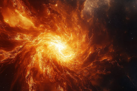 A powerful cosmic explosion reveals a mesmerizing display of orange and yellow gases swirling in deep space.の写真素材
