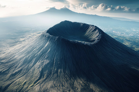 An expansive volcanic crater is highlighted against a backdrop of mountains under a cloudy sky.の写真素材