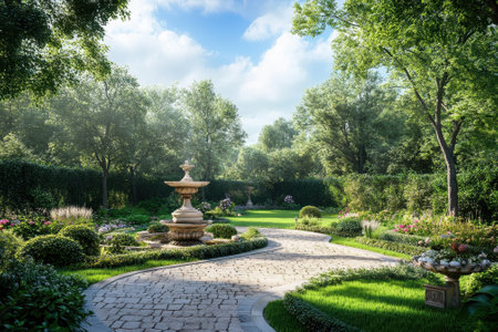 A beautiful garden features a central fountain, winding paths, and vibrant flowerbeds under a clear blue sky.の写真素材