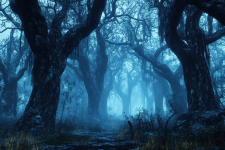 A dark forest filled with ancient trees looms under a thick fog as twilight approaches.の写真素材
