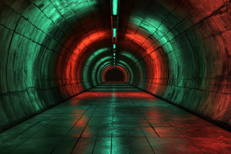 A long tunnel features glowing green and red lights illuminating its walls and floor, creating a vibrant atmosphere.の写真素材