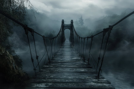 A wooden bridge stretches across a fog-covered river, surrounded by trees in a tranquil setting at dawn.の写真素材