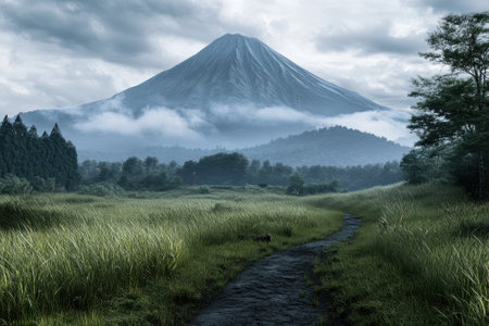 A volcanic mountain looms over a tranquil valley, surrounded by tall grass and gentle mist during twilight.の写真素材