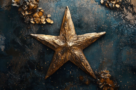 Golden star crafted with textured details sits in a dark, artistic setting adorned with floral motifs.の写真素材