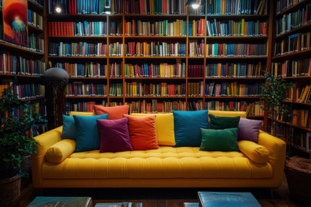 Bright yellow couch adorned with colorful cushions in front of a large bookshelf filled with books.の写真素材