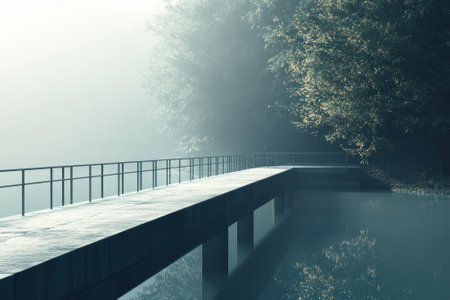 A peaceful pier extends over calm waters, enveloped in morning mist and greenery on a quiet day.の写真素材