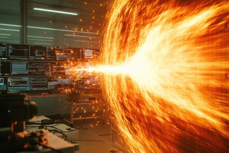 A vibrant display shows solar energy being simulated with glowing particles in a modern research lab.の写真素材