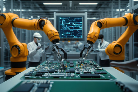Robotic arms are meticulously working together to assemble intricate electronic components in a modern factory setting.の写真素材