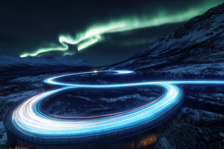 A winding road illuminated by vehicle lights beneath the vibrant aurora borealis in a winter landscape.の写真素材