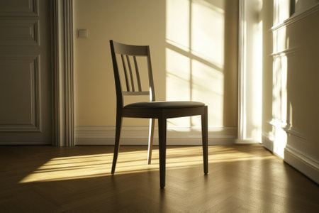 A wooden chair stands alone in a sunny room, illuminated by soft light filtering through windows.の写真素材