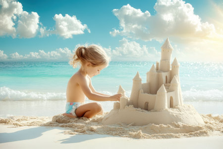 A young child constructs a sandy castle on the shore, enjoying a warm sunny day by the ocean.の写真素材