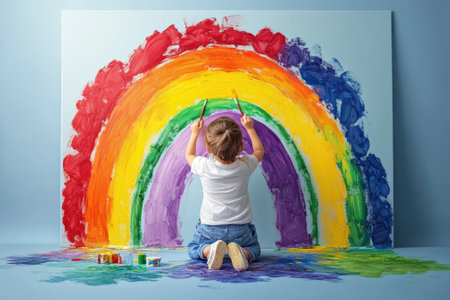 A young child is painting a colorful rainbow on a large canvas against a soft blue wall, enjoying the creative process.の写真素材