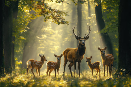 A group of deer, including a stag and fawns, stands in a sunlit forest surrounded by trees at dusk.の写真素材