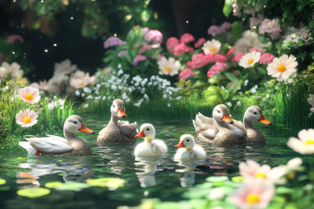 A serene pond hosts ducks and their fluffy ducklings gliding through the water amidst colorful flowers.の写真素材
