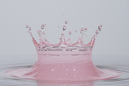 A vivid splash of water forms a crown-like shape, radiating playful droplets in a soft pink color.の写真素材
