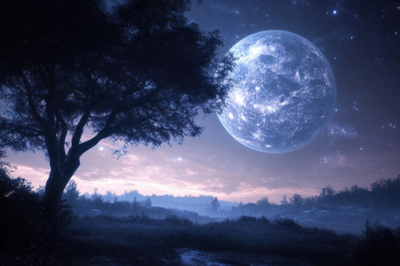 A vast countryside under a bright moon, surrounded by trees, with a calm, starry sky at twilight.の写真素材