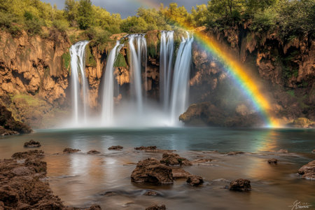 Majestic waterfalls flow into a tranquil pool, creating a stunning view with a vivid rainbow overhead.の写真素材
