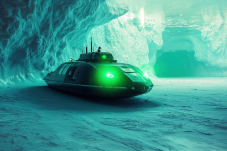 A submarine navigates through a frozen cave in Antarctica, illuminated by glowing green lights.の素材