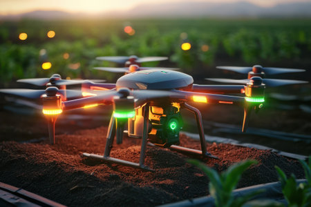 A drone equipped with bright lights is launching above a cultivated field at sunset, highlighting innovation in farming.の写真素材