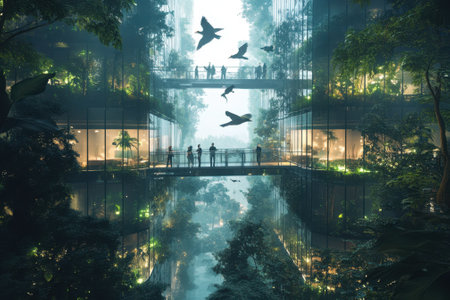 People enjoy the serene atmosphere of a green oasis surrounded by glass structures at dusk.の写真素材