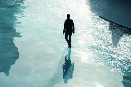 A person is walking slowly across a glamming water surface, creating ripples under bright sunlight.の写真素材