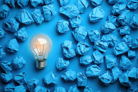 A glowing light bulb stands out among scattered crumpled blue papers on a blue surface.の写真素材