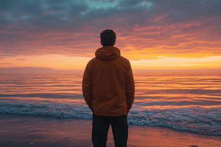 An individual stands on the shore, observing the colorful sunset reflecting on the peaceful sea.の写真素材