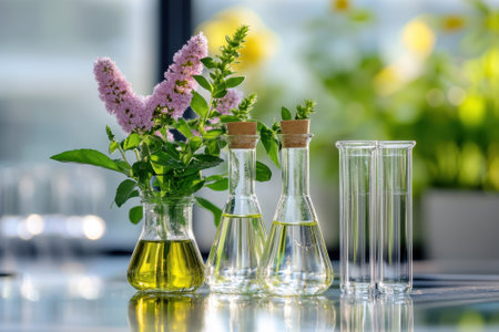 Beautiful display of herbs in glass containers with essential oils under natural light from a window.の素材