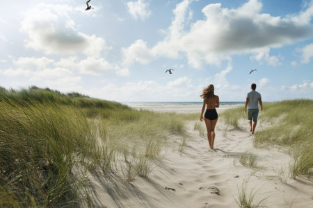 A couple strolls along a sandy path surrounded by tall grass, heading towards the ocean on a bright day.の写真素材