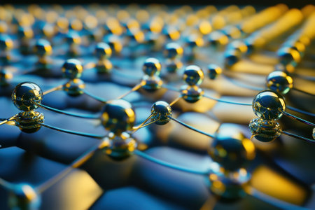 Detailed representation of atomic particles connected within a structured material, highlighting their arrangement.の素材