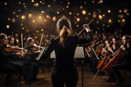 A conductor stands confidently in front of an orchestra, guiding musicians through a captivating performance.の写真素材